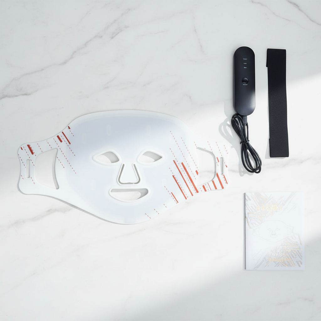 LED face mask with accessories flat lay - LAKA style