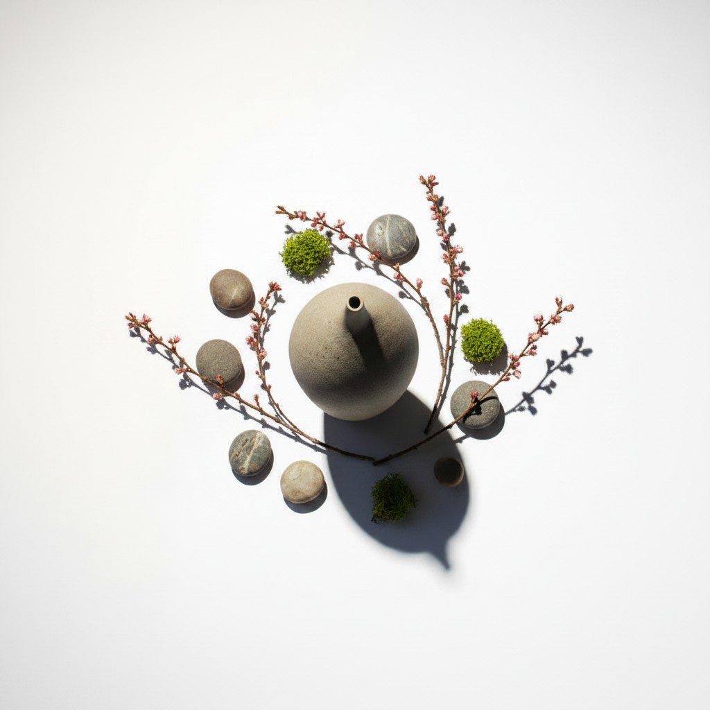 Handmade Japanese Zen Vase - Flat Lay with Cherry Blossom