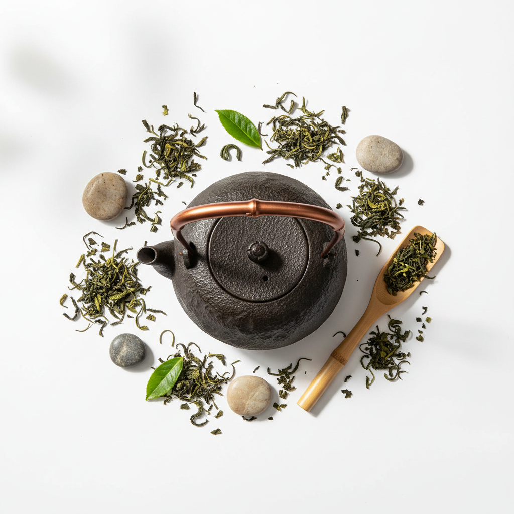 Japanese Cast Iron Tetsubin Kettle - Flat Lay with Tea Leaves